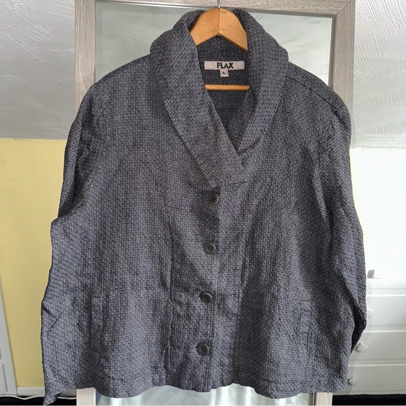 Flax Jackets & Blazers - FLAX Linen Button Down Textured Dark Gray Jacket Lagenlook Blazer Pockets Large